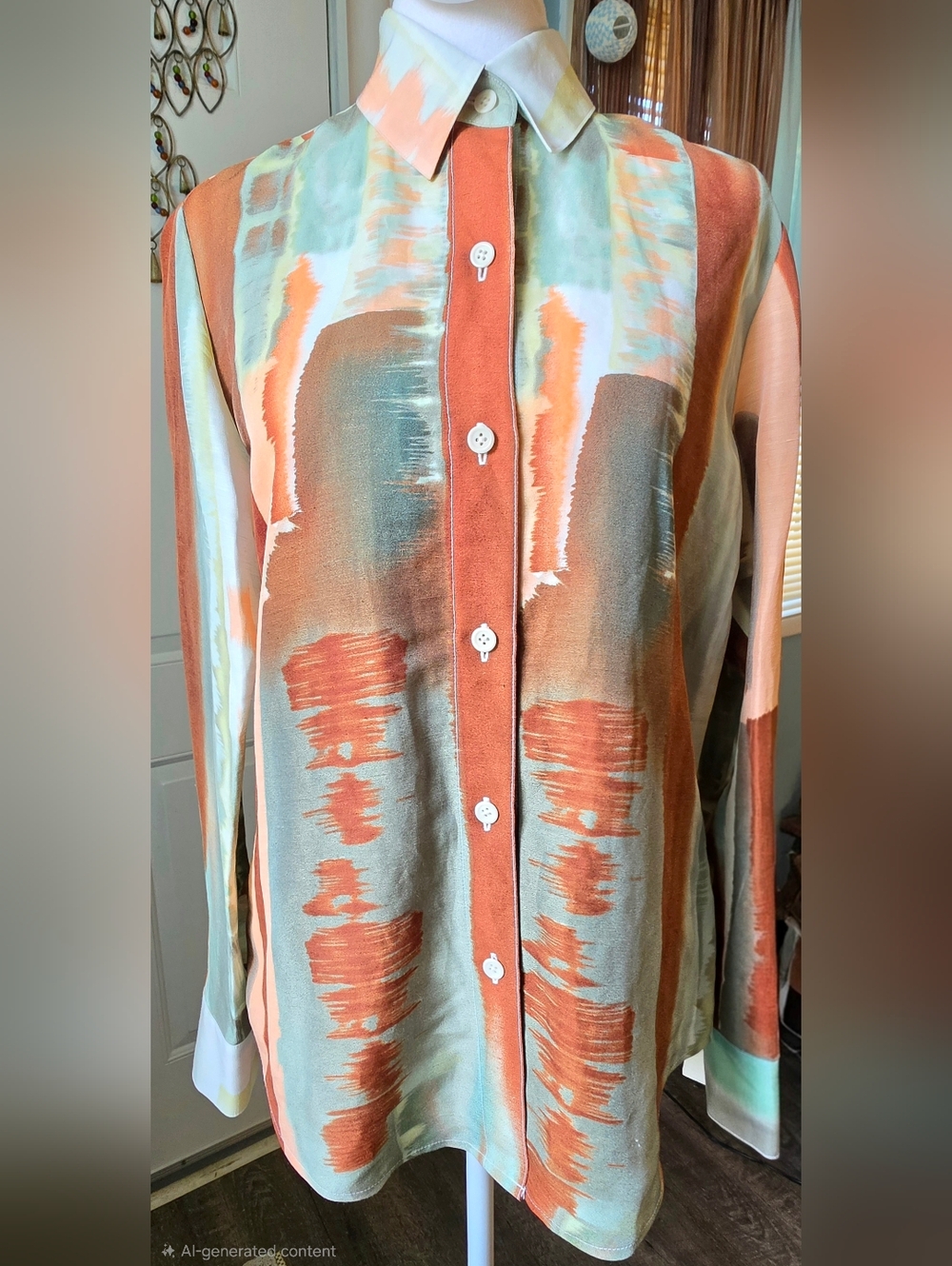 Linda Allard Ellen Tracy Vintg Linen Silk Button-Down Womens 6 Rust & Sage Artsy